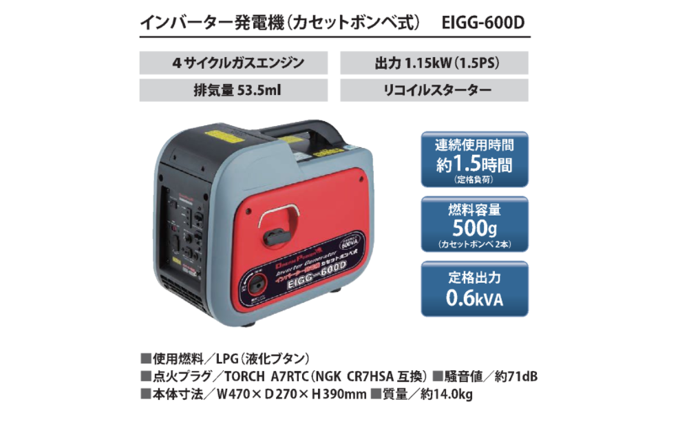 数量限定 PEG-600iB インバーター発電機 カセットボンベ式 0.6kVA 並列